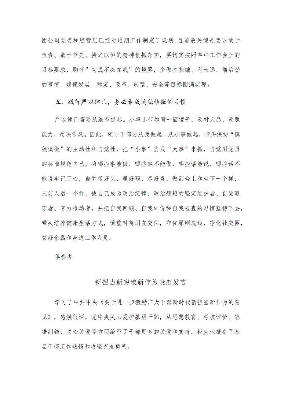 新担当新突破新作为表态发言、“严以律己”专题学习研讨会发言两篇.docx_第3页