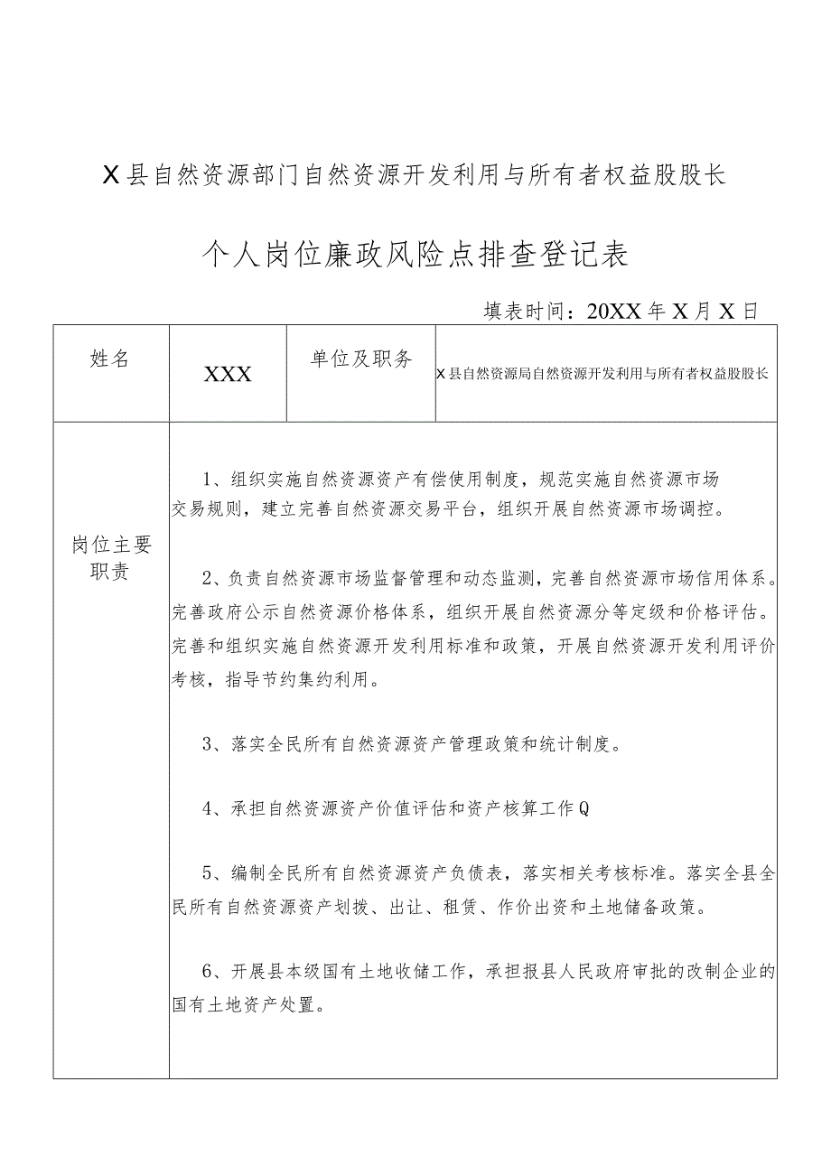 某县自然资源部门自然资源开发利用与所有者权益股股长个人岗位廉政风险点排查登记表.docx_第1页