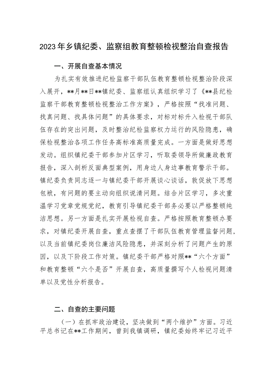 2023年乡镇纪委、监察组教育整顿检视整治自查报告.docx_第1页