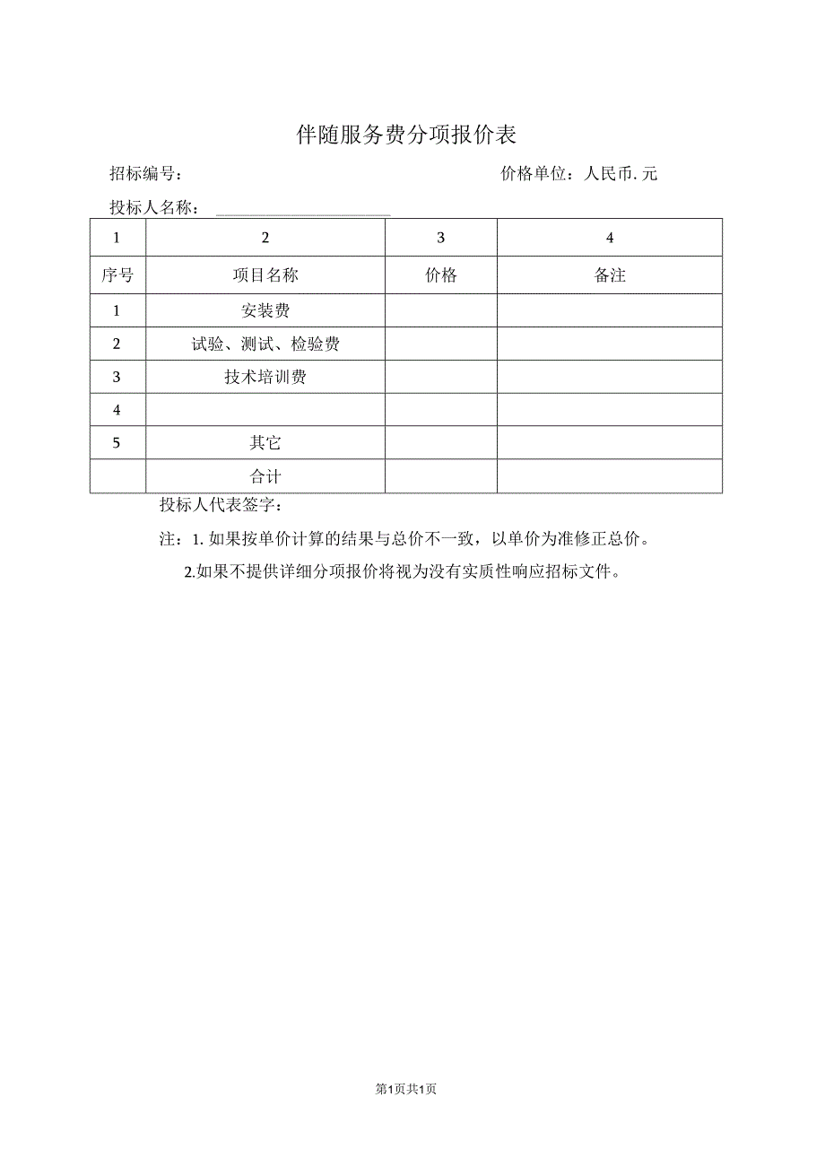 伴随服务费分项报价表47（2023年）.docx_第1页