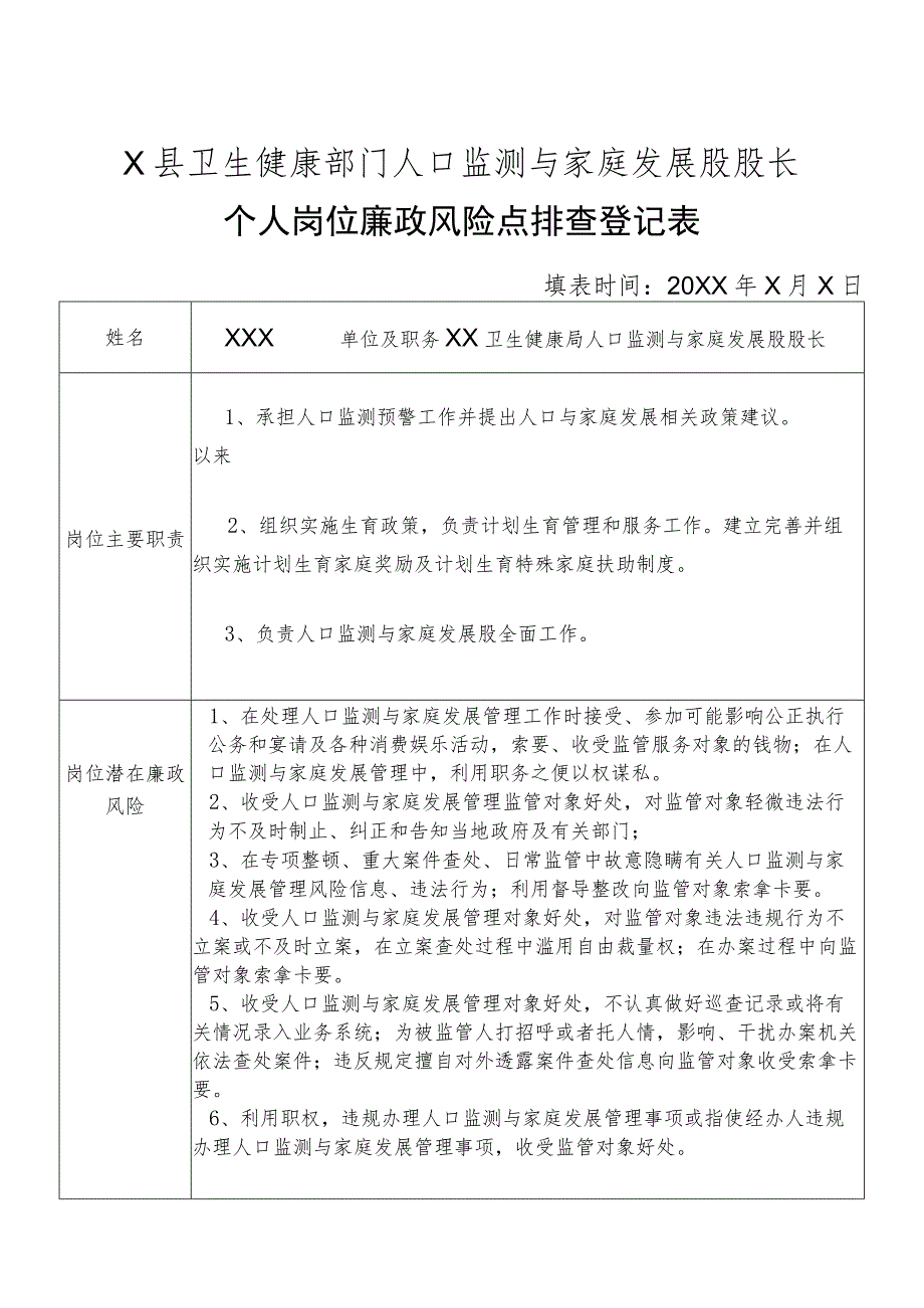 X县卫生健康部门人口监测与家庭发展股股长个人岗位廉政风险点排查登记表.docx_第1页