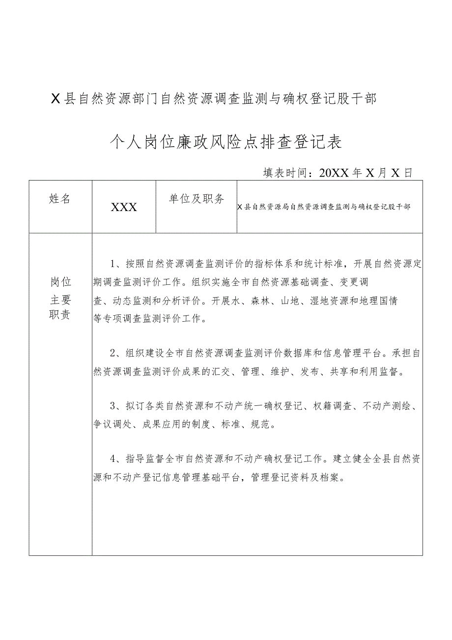 某县自然资源部门自然资源调查监测与确权登记股干部个人岗位廉政风险点排查登记表.docx_第1页