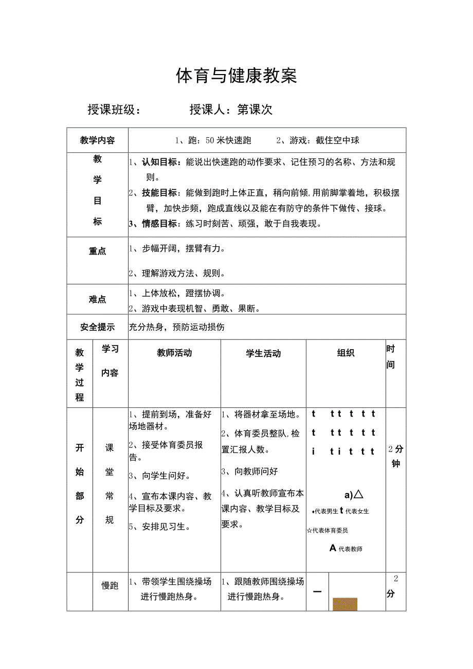 体育与健康教案 （50米快速跑 截住空中球）.docx_第1页