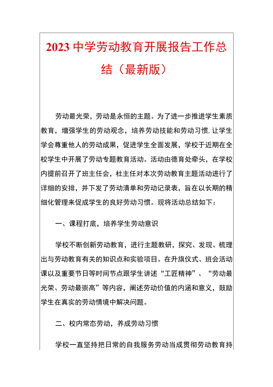 2023中学劳动教育开展报告工作总结.docx_第1页