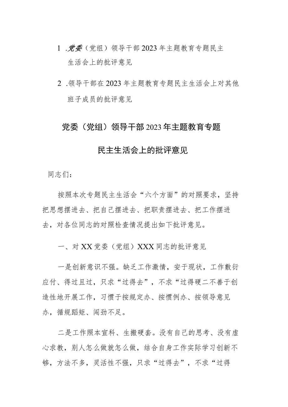 两篇：领导干部在2023年主题教育专题民主生活会上对其他班子成员的批评意见范文.docx_第1页