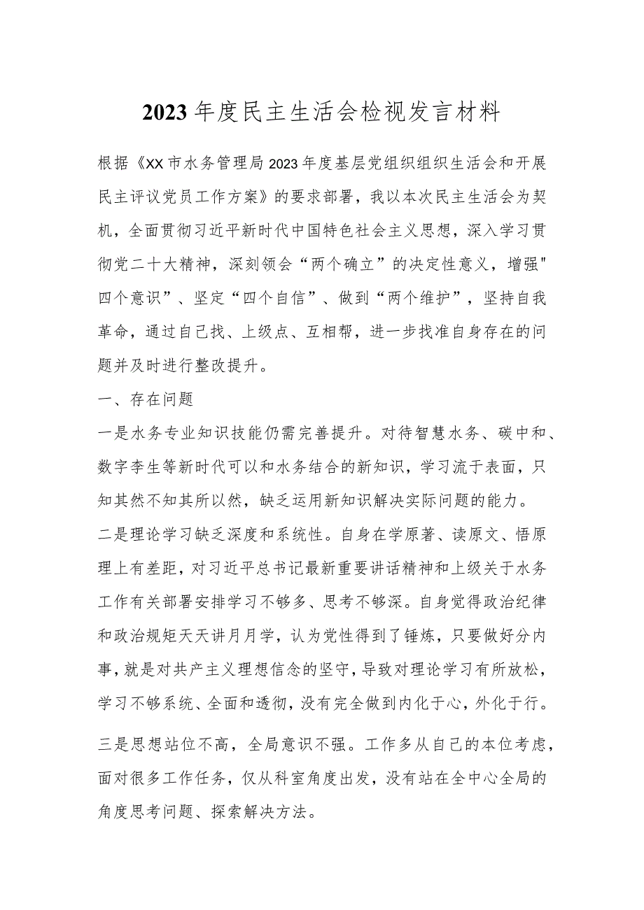 2023年度民主生活会检视 发言材料.docx_第1页