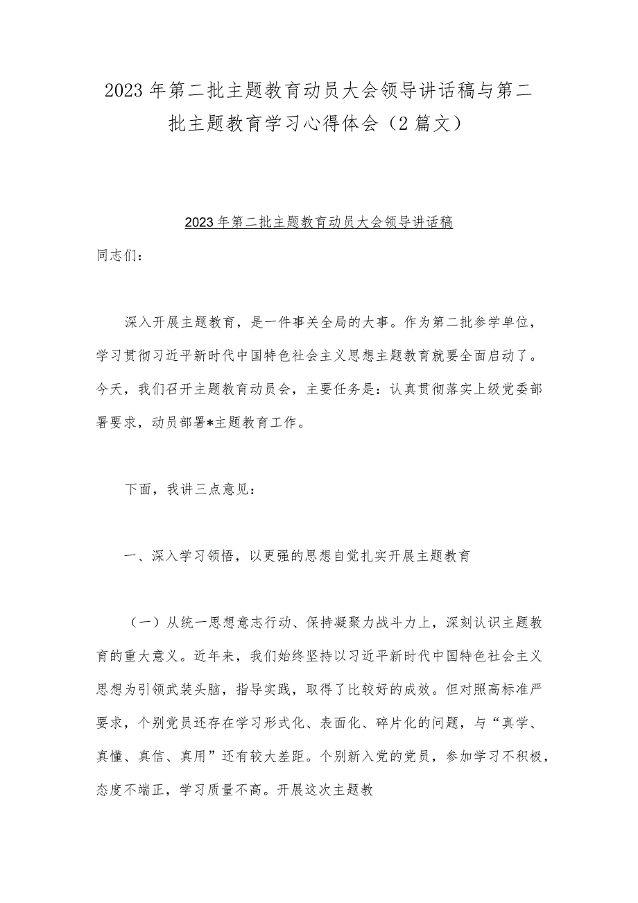 2023年第二批主题教育动员大会领导讲话稿与第二批主题教育学习心得体会（2篇文）.docx_第1页