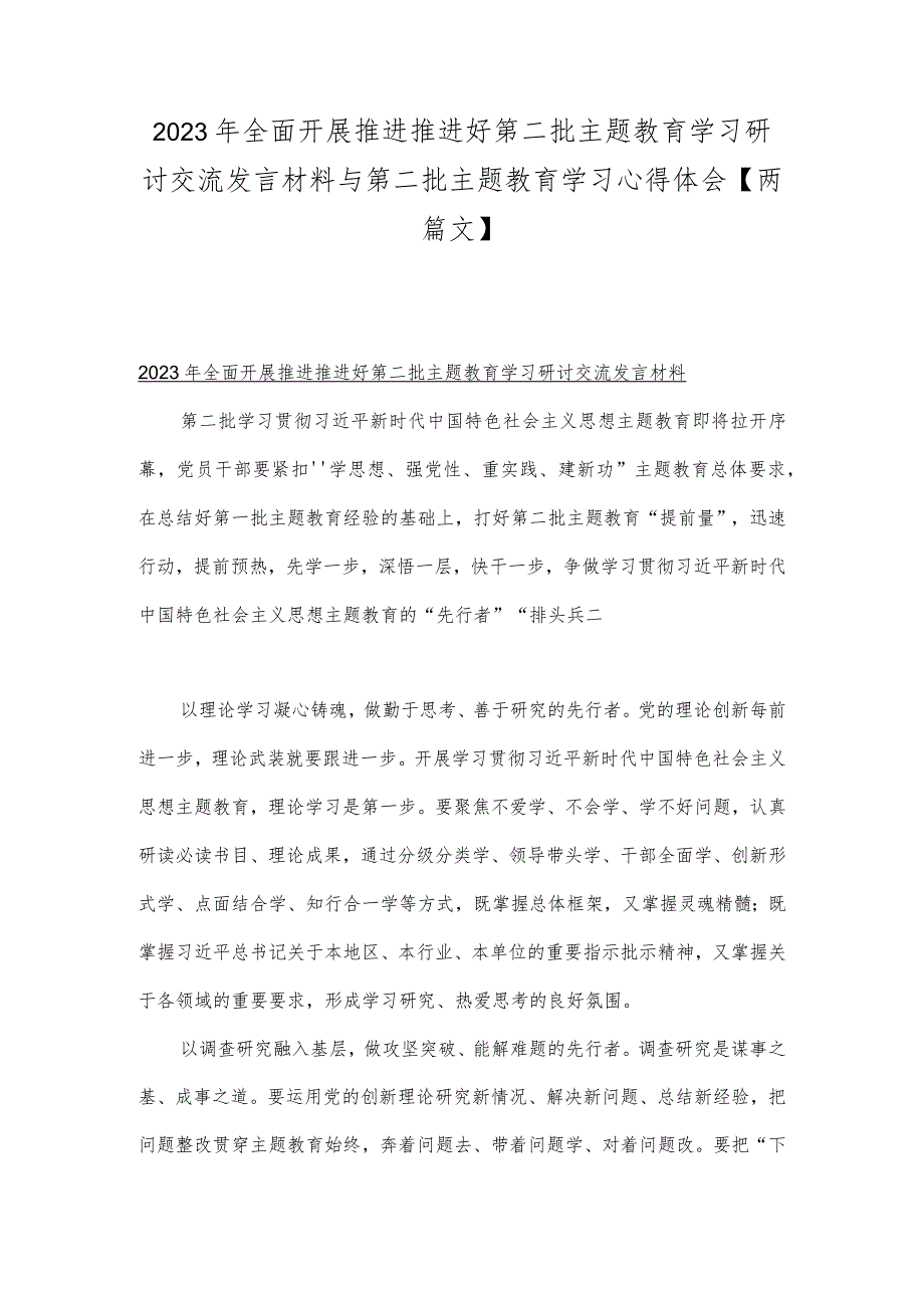 2023年全面开展推进推进好第二批主题教育学习研讨交流发言材料与第二批主题教育学习心得体会【两篇文】.docx_第1页