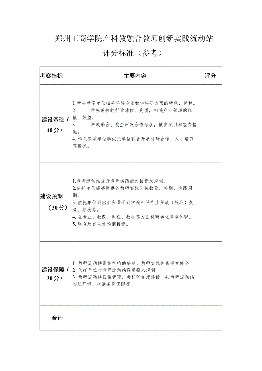 郑州工商学院产科教融合教师创新实践流动站评分标准参考.docx_第1页