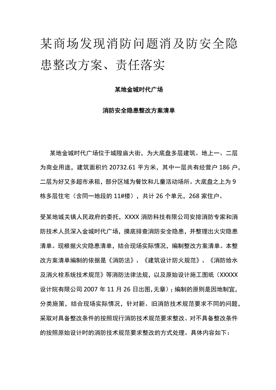 某商场发现消防问题消及防安全隐患整改方案、责任落实.docx_第1页