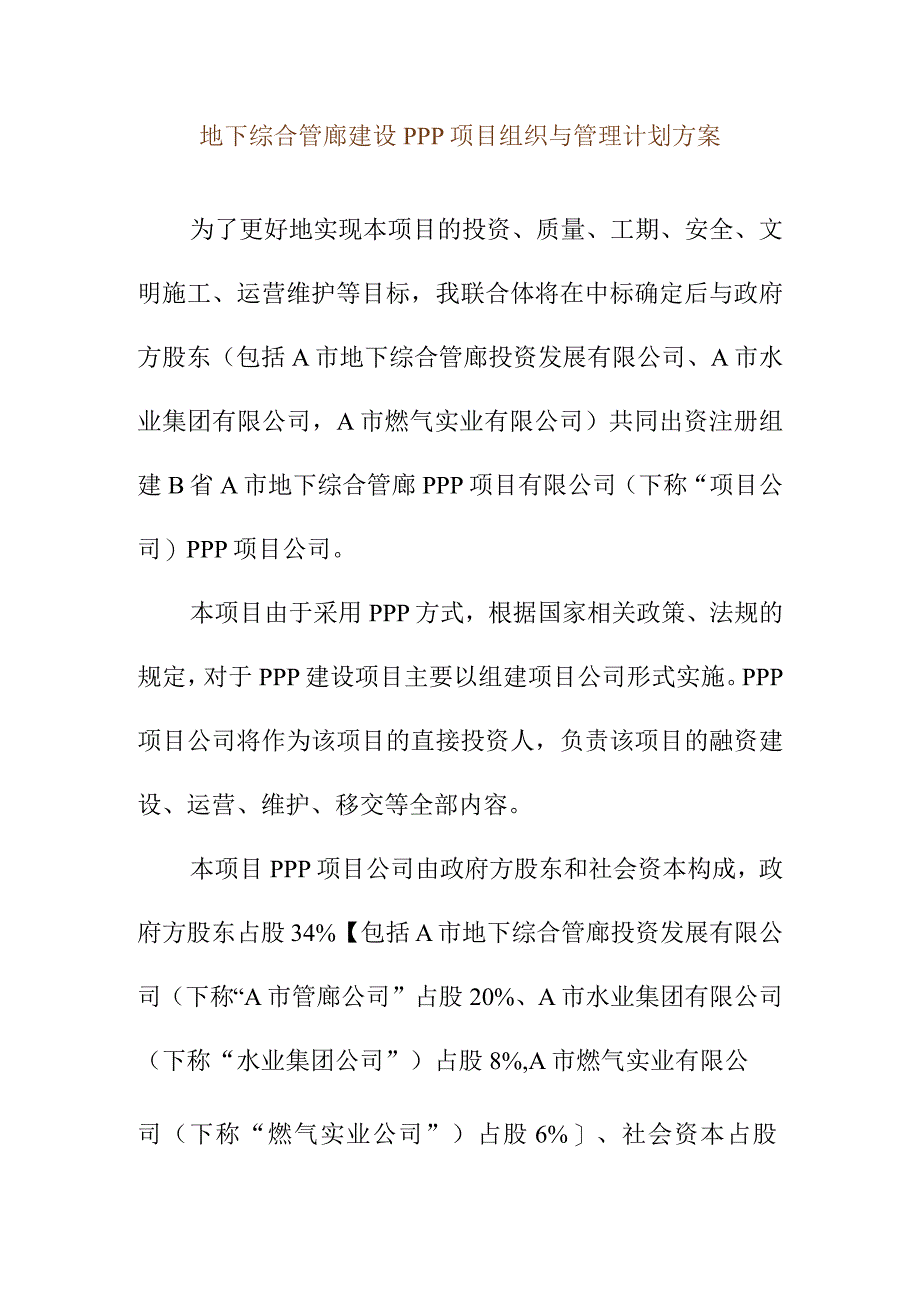 地下综合管廊建设PPP项目组织与管理计划方案.docx_第1页