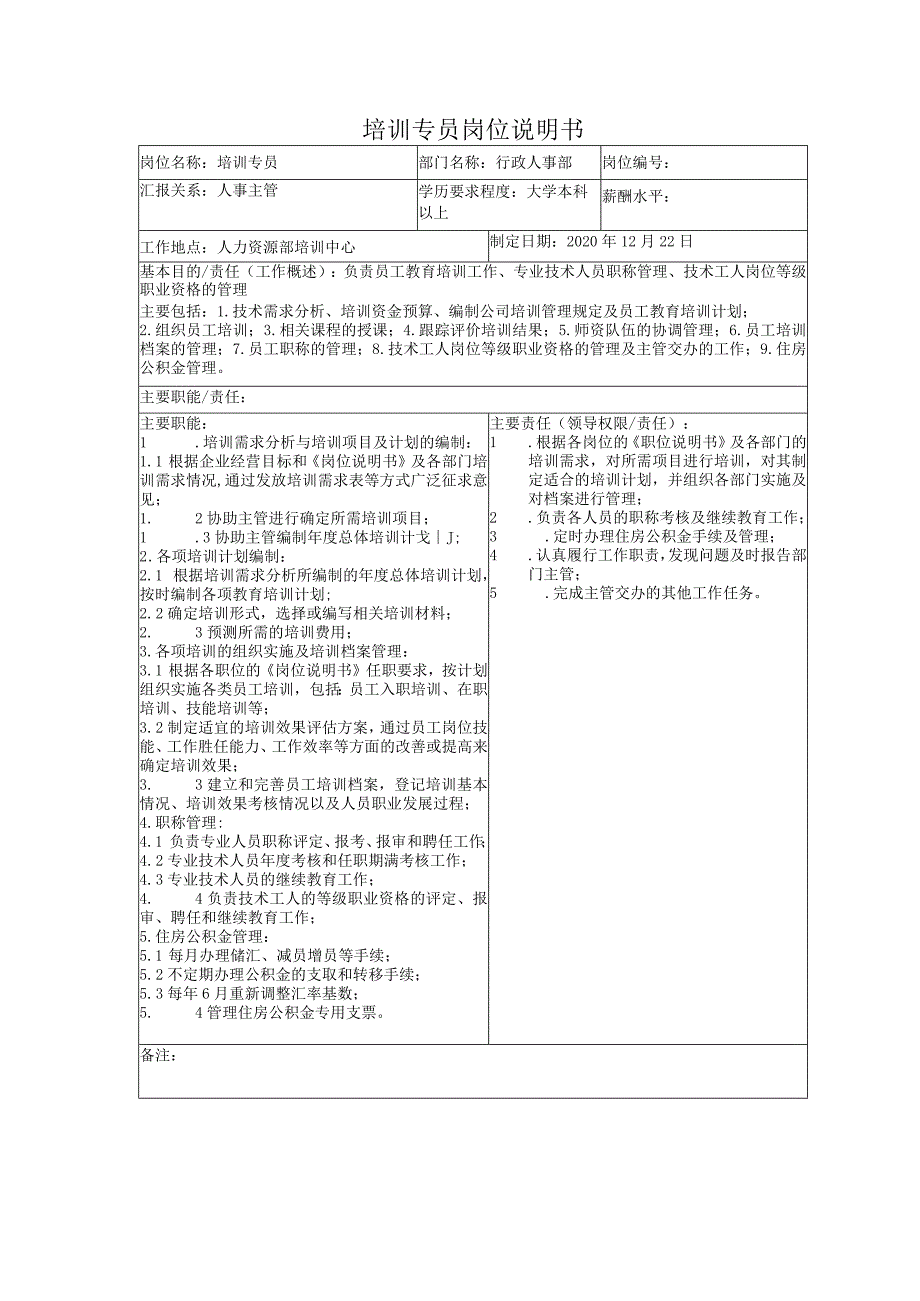 培训专员岗位说明书.docx_第1页