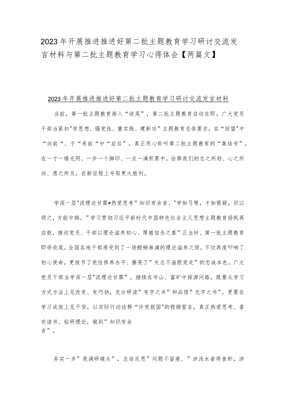 2023年开展推进推进好第二批主题教育学习研讨交流发言材料与第二批主题教育学习心得体会【两篇文】.docx_第1页