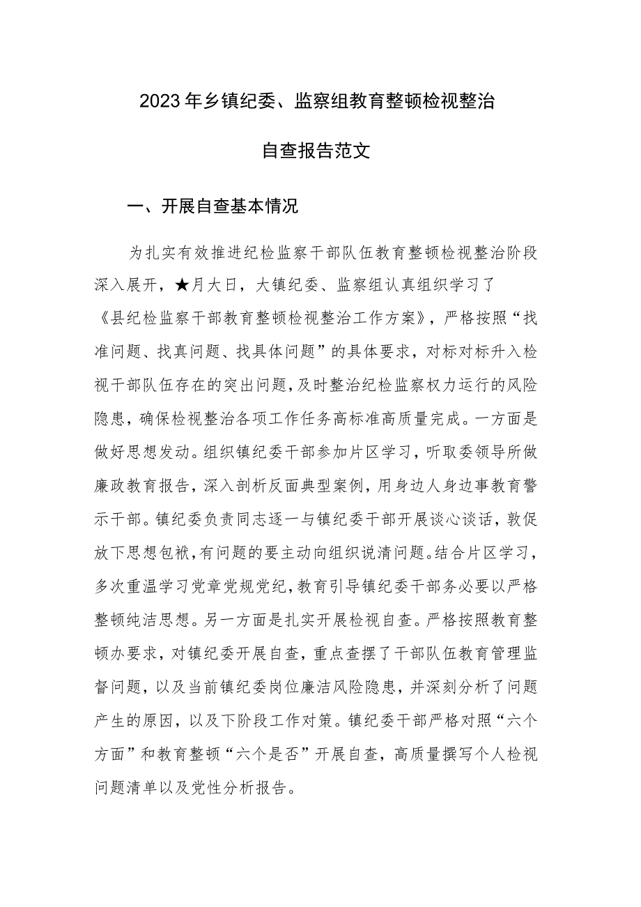 2023年乡镇纪委、监察组教育整顿检视整治自查报告范文.docx_第1页