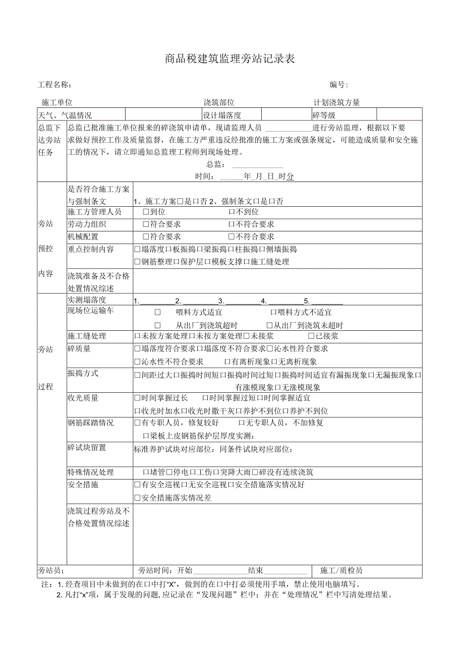 商品混凝土浇筑监理旁站记录表.docx_第1页