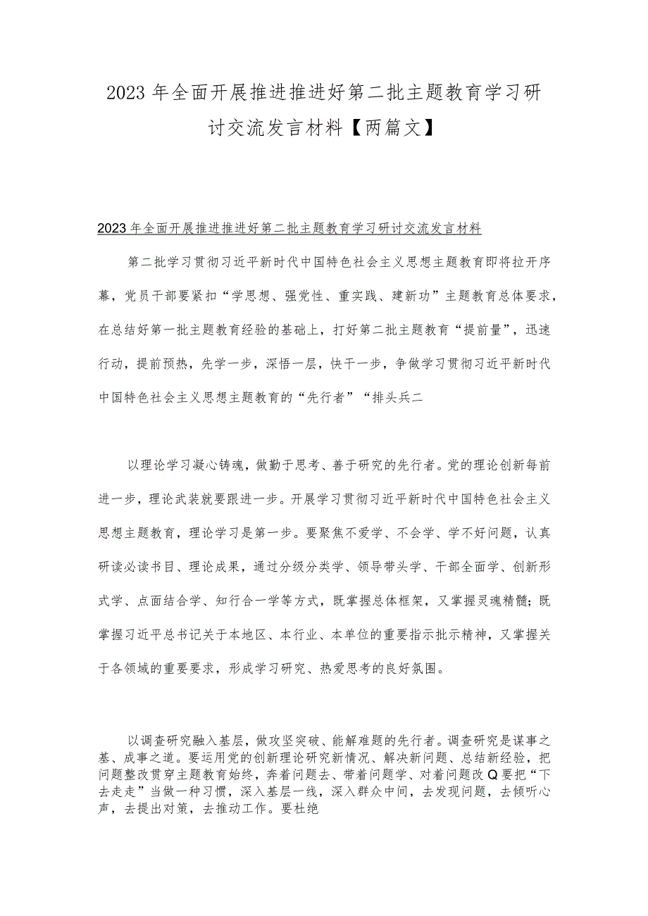 2023年全面开展推进推进好第二批主题教育学习研讨交流发言材料【两篇文】.docx_第1页