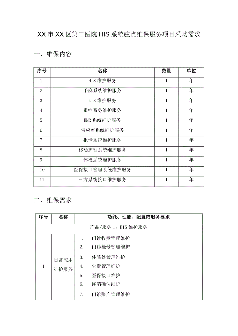 XX市XX区第二医院HIS系统驻点维保服务项目采购需求.docx_第1页