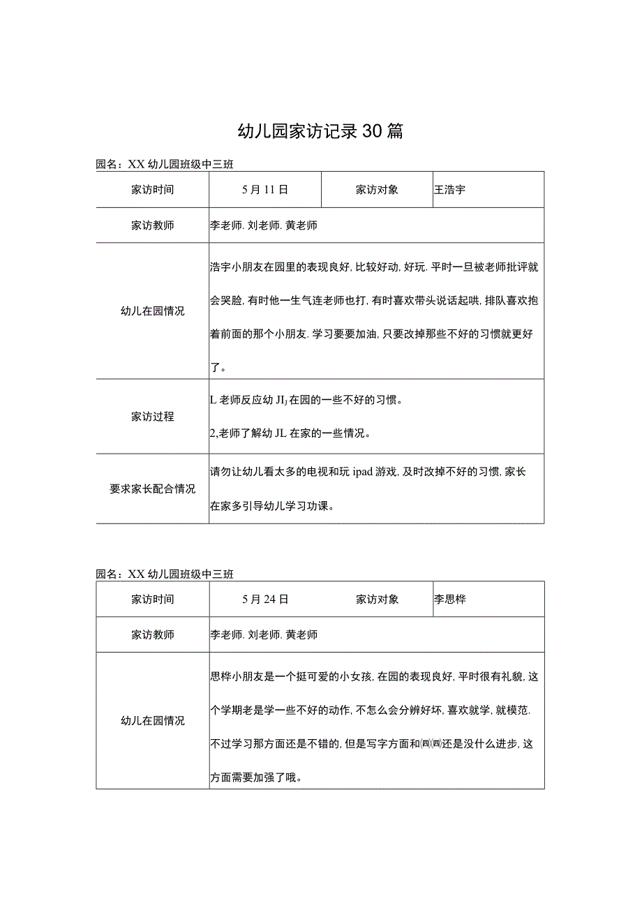 幼儿园家访记录30篇.docx_第1页