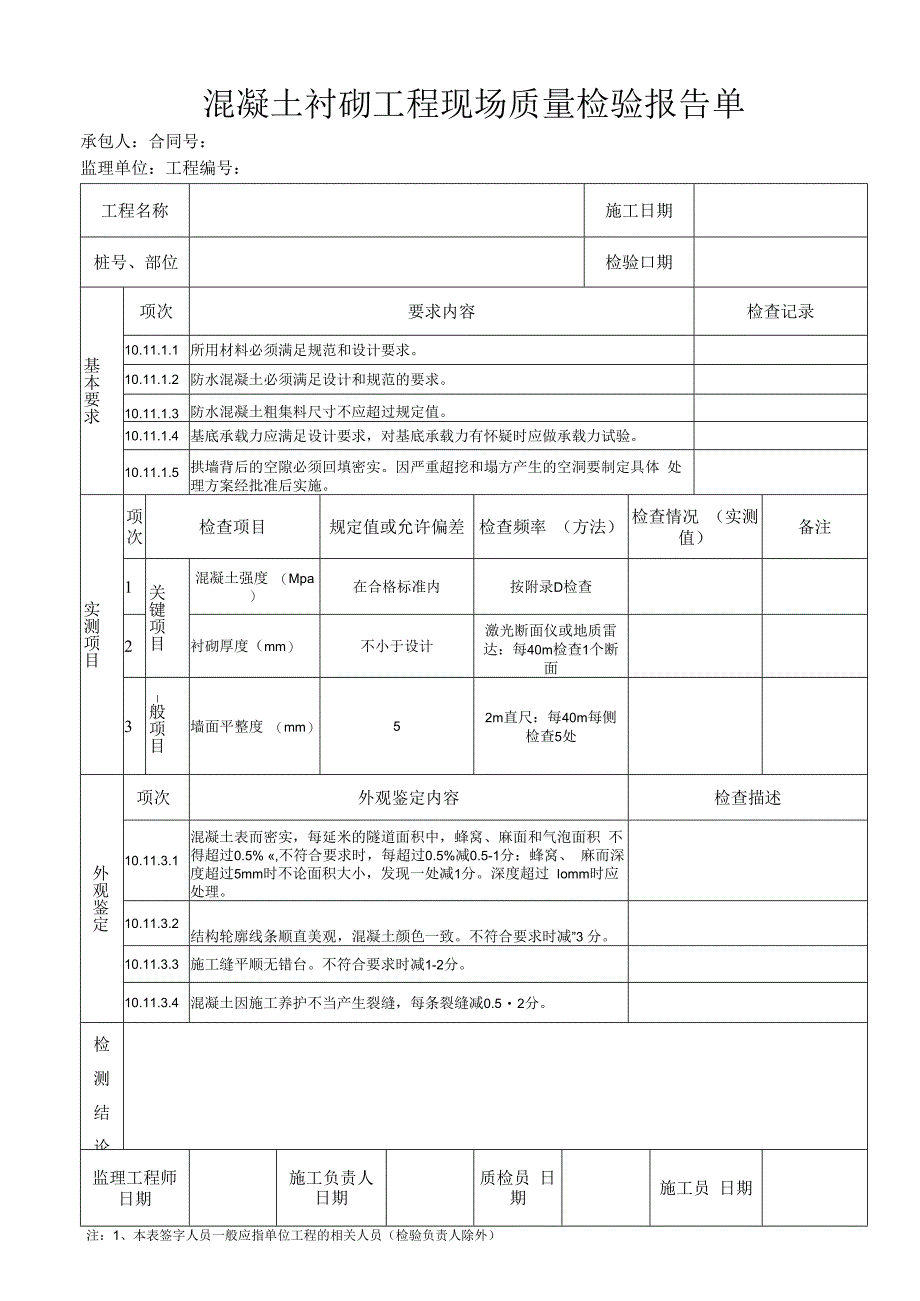 混凝土衬砌工程 现场质量检验报告单.docx_第1页