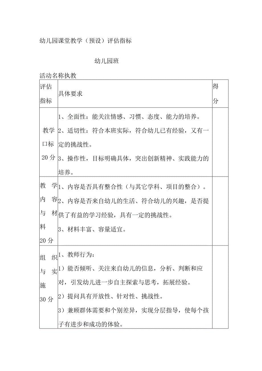 幼儿园课堂教学（预设）评估指标.docx_第1页