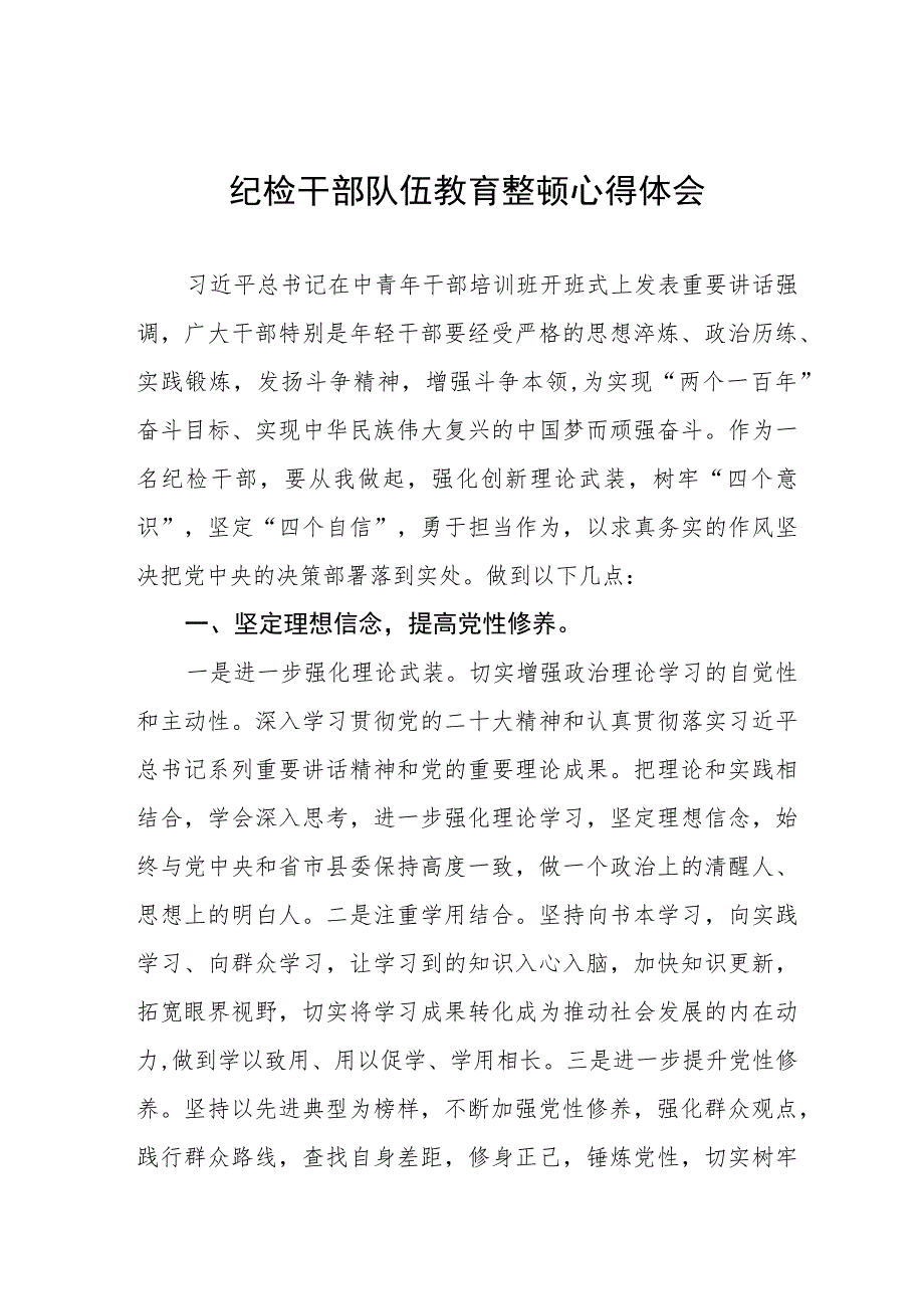 2023纪检干部队伍教育整顿心得体会交流发言提纲(九篇).docx_第1页