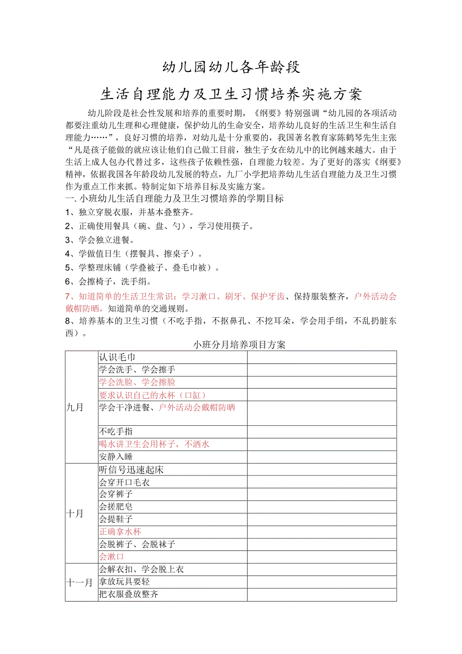 幼儿生活自理能力及卫生习惯培养实施方案.docx_第1页