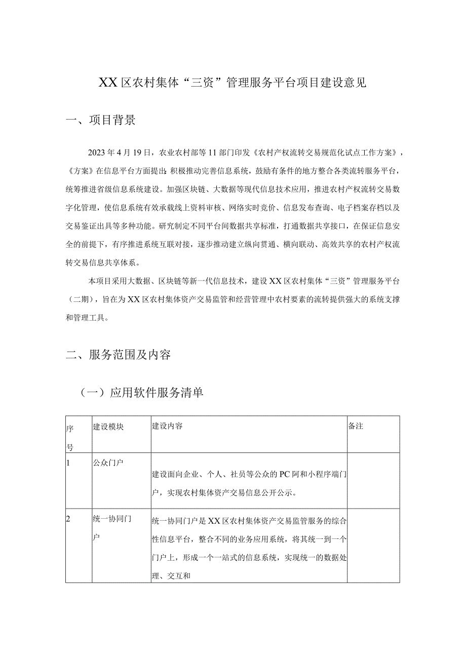 XX区农村集体“三资”管理服务平台项目建设意见.docx_第1页