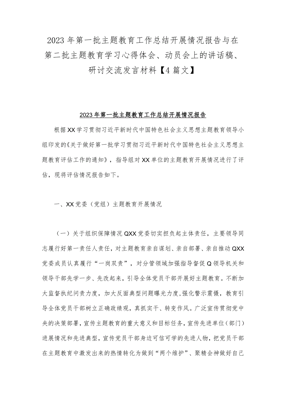 2023年第一批主题教育工作总结开展情况报告与在第二批主题教育学习心得体会、动员会上的讲话稿、研讨交流发言材料【4篇文】.docx_第1页