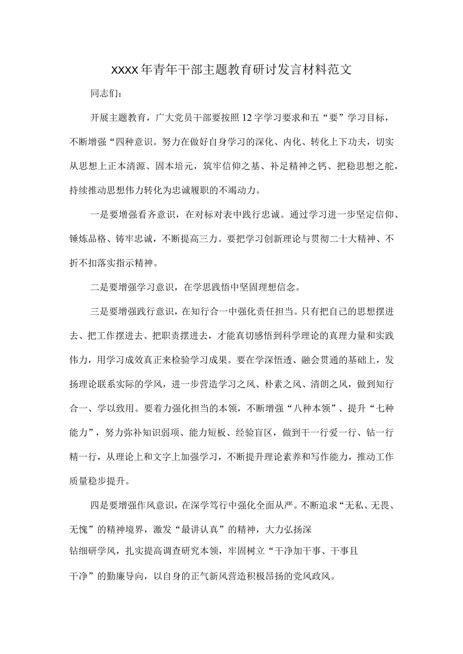 XXXX年青年干部主题教育研讨发言材料范文.docx_第1页