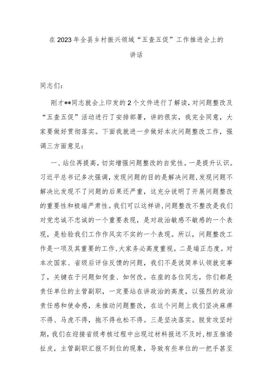 在2023年全县乡村振兴领域“五查五促”工作推进会上的讲话.docx_第1页