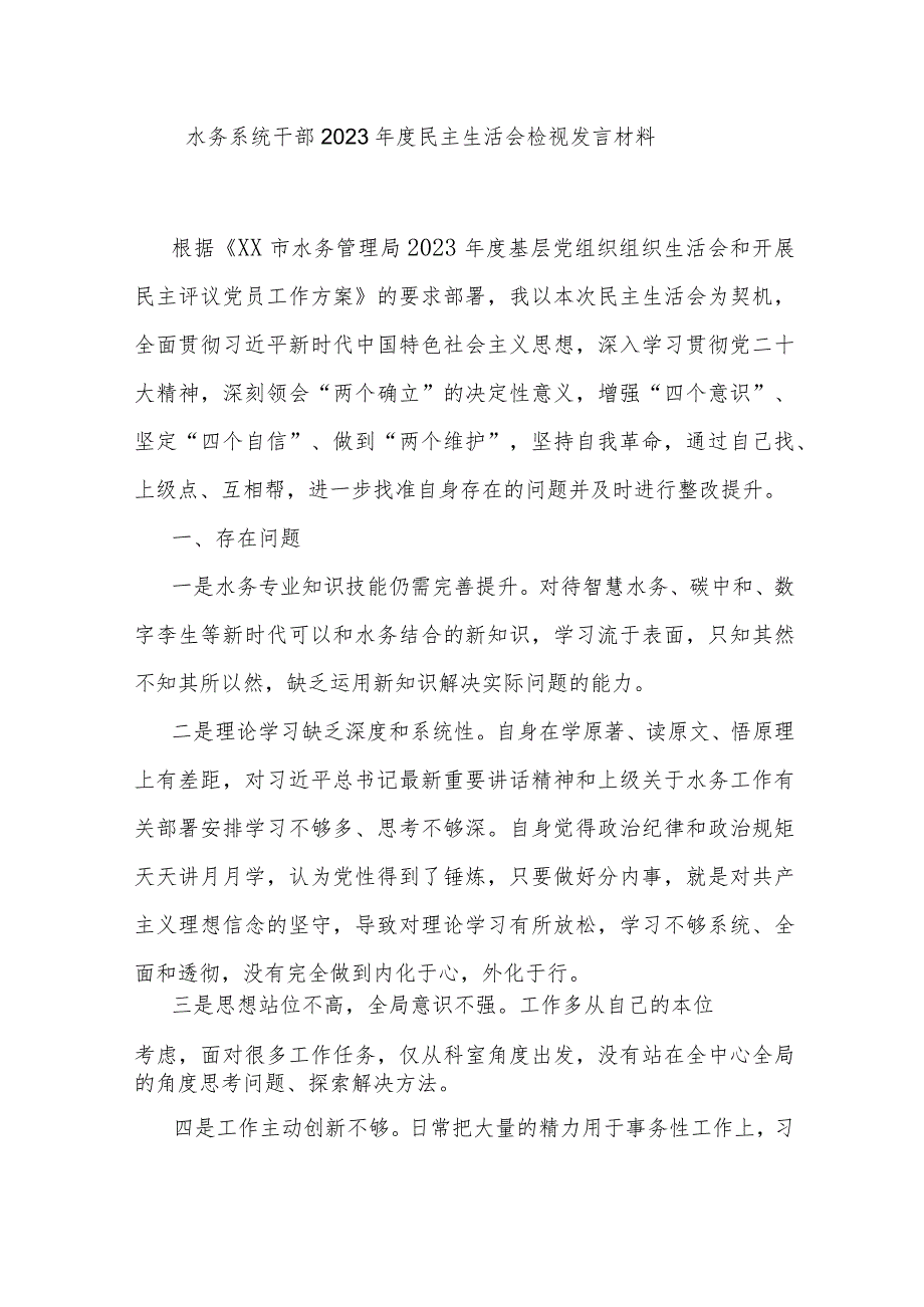 水务系统干部2023年度民主生活会检视发言材料.docx_第1页