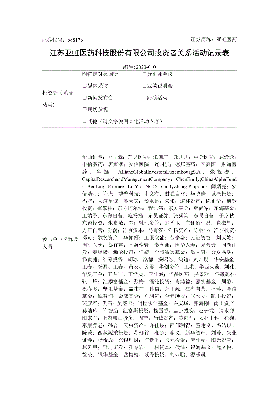 证券代码688176证券简称亚虹医药江苏亚虹医药科技股份有限公司投资者关系活动记录表.docx_第1页