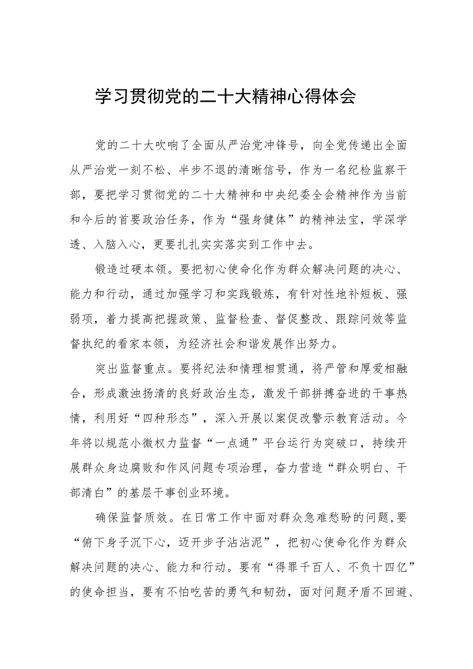 纪检监察组长关于深入学习贯彻党的二十大精神的研讨发言九篇.docx_第1页