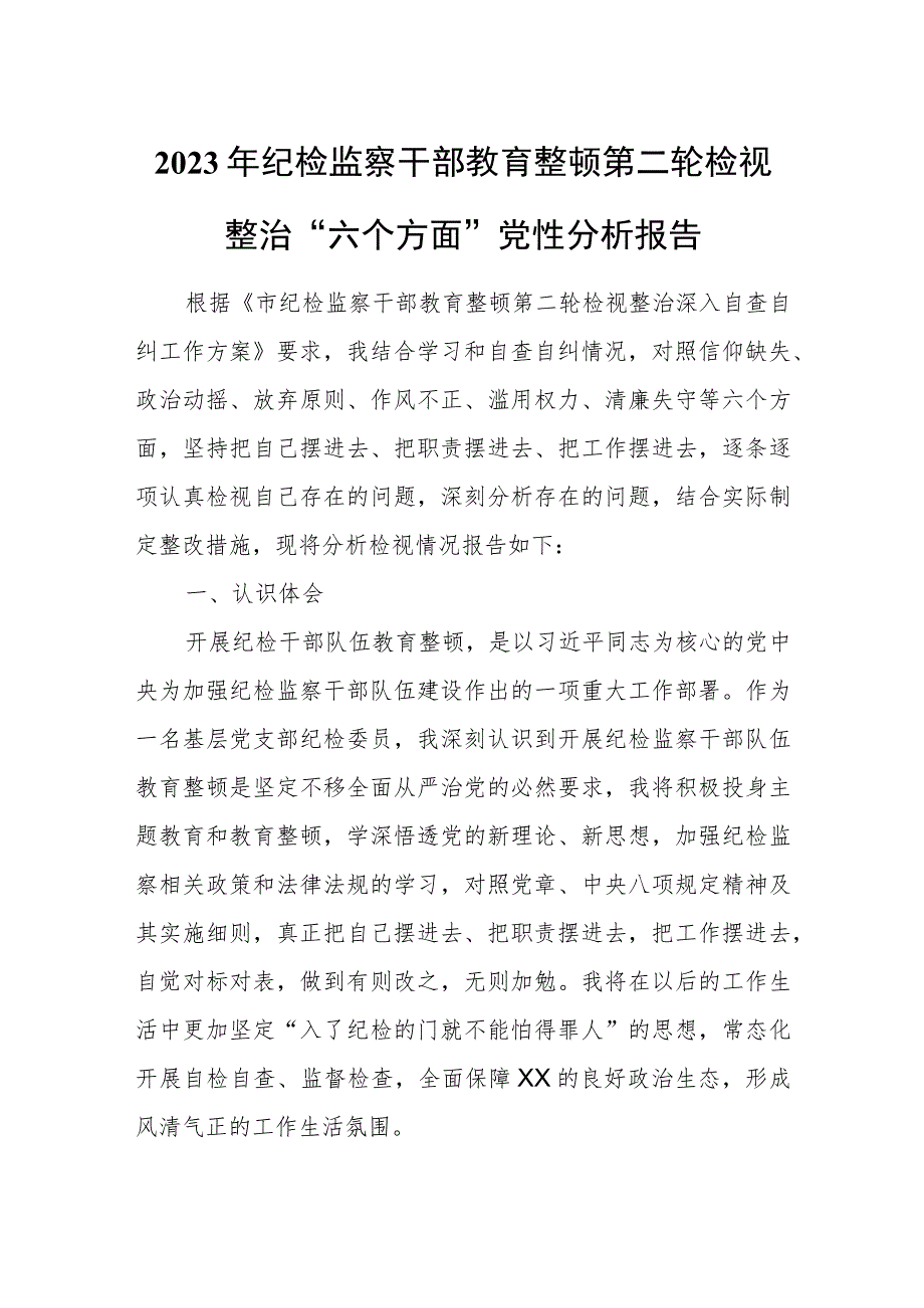 2023年纪检监察干部教育整顿第二轮检视整治“六个方面”党性分析报告1.docx_第1页