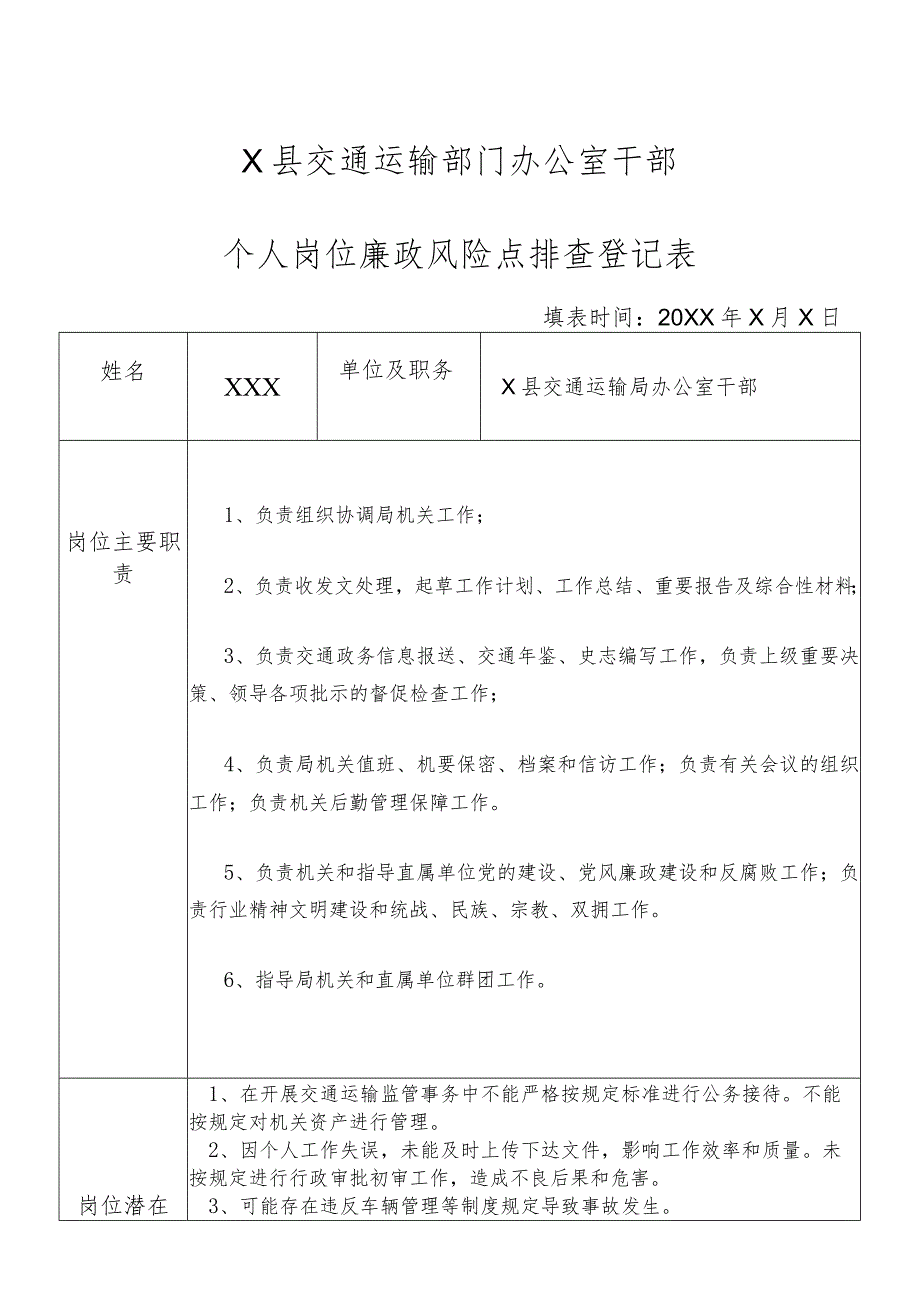 某县交通运输部门办公室干部个人岗位廉政风险点排查登记表.docx_第1页