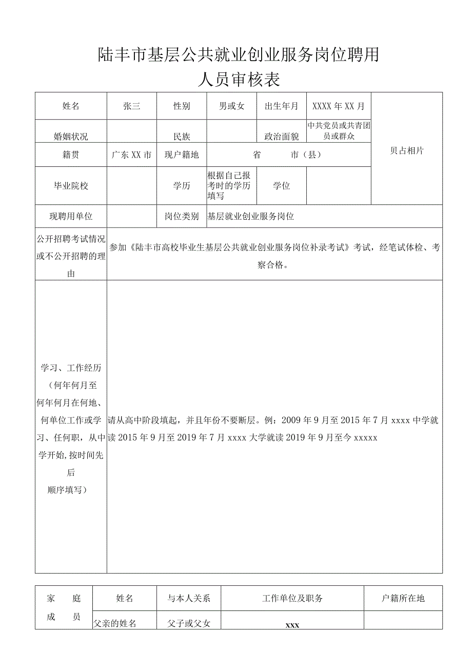 陆丰市基层公共就业创业服务岗位聘用人员审核表.docx_第1页