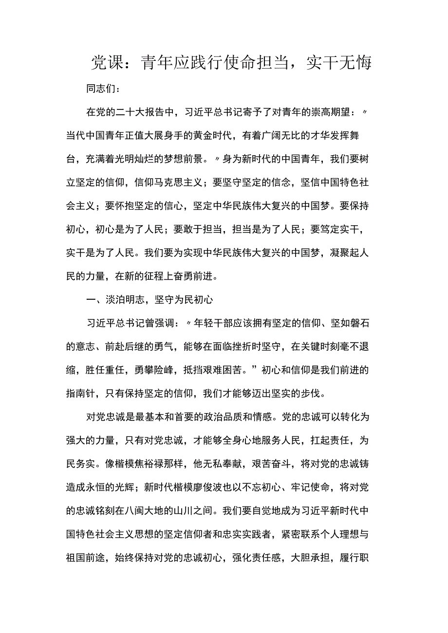 党课：青年应践行使命担当实干无悔.docx_第1页