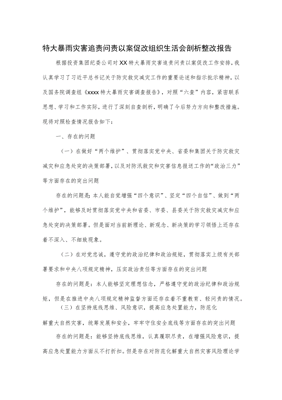 特大暴雨灾害追责问责以案促改组织生活会剖析整改报告.docx_第1页