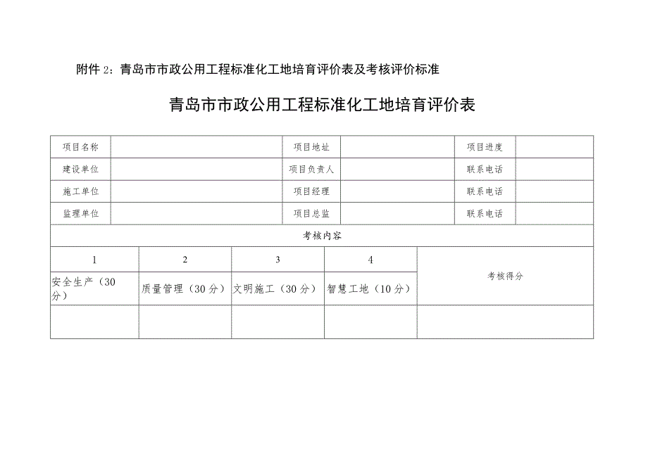 青岛市市政公用工程标准化工地培育评价表及考核评价标准青岛市市政公用工程标准化工地培育评价表.docx_第1页