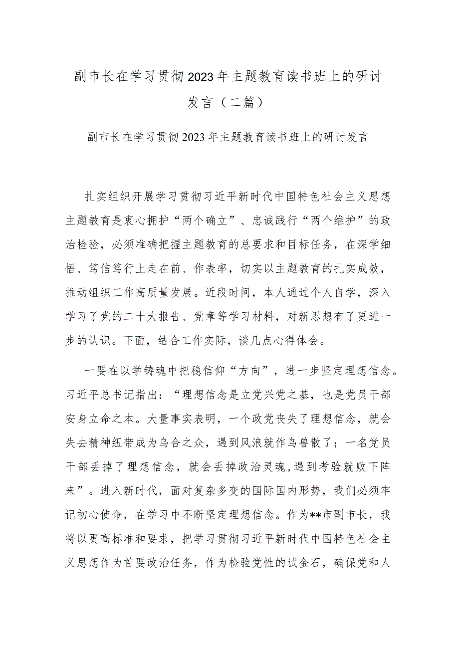 副市长在学习贯彻2023年主题教育读书班上的研讨发言(二篇).docx_第1页