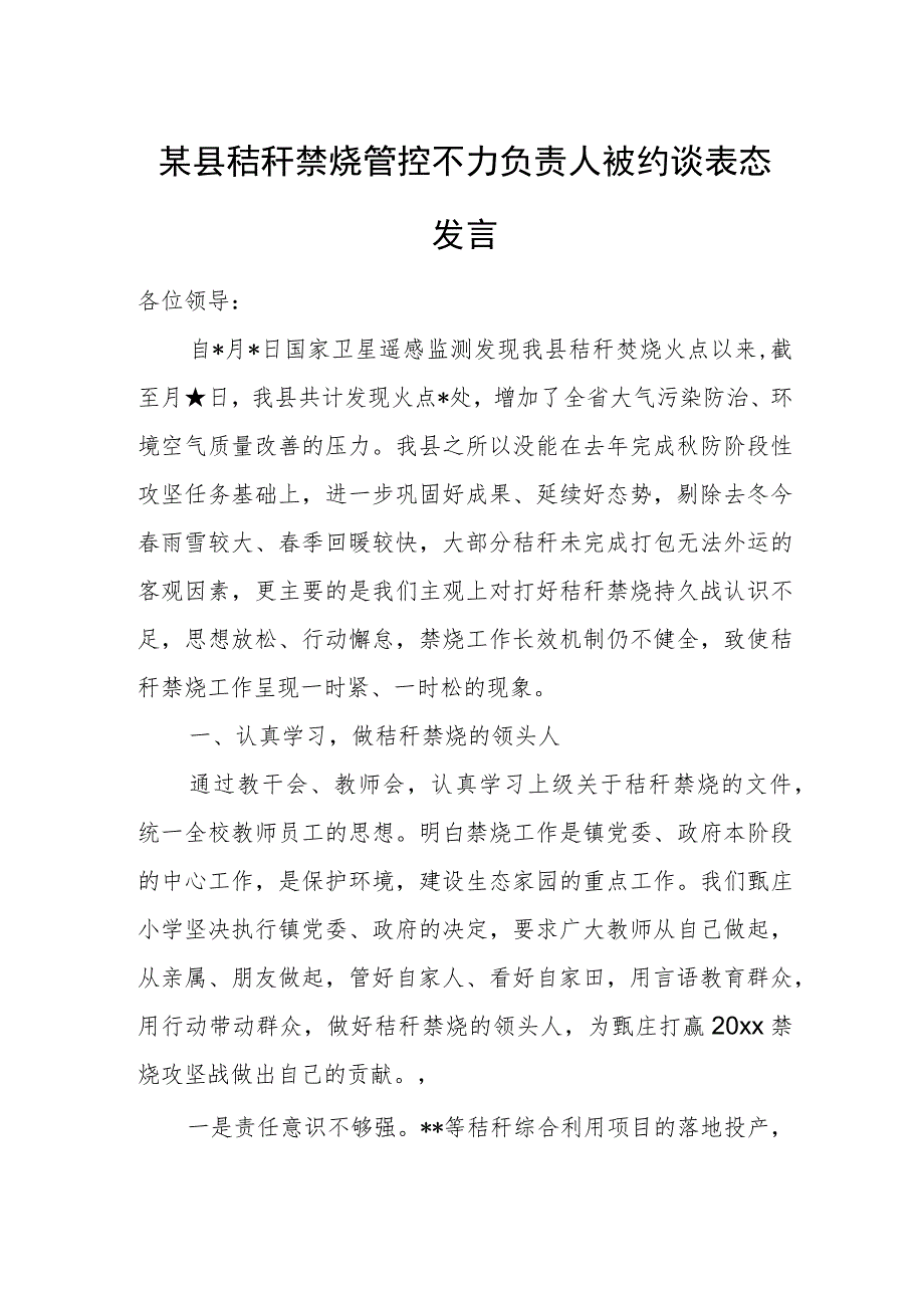 某县秸秆禁烧管控不力负责人被约谈表态发言.docx_第1页