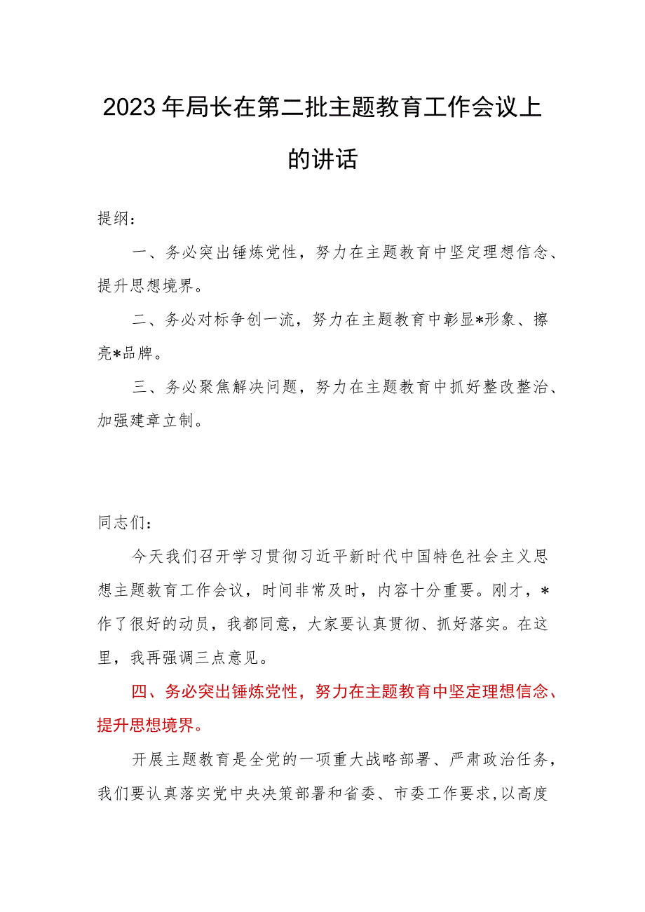 2023年局长在第二批主题教育工作会议上的讲话.docx_第1页