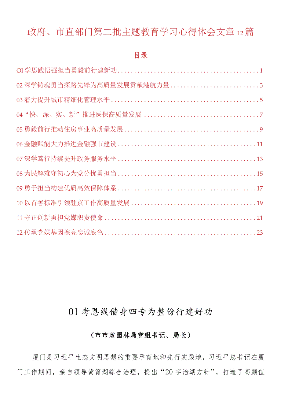 政府、市直部门第二批主题教育学习心得体会文章12篇.docx_第1页