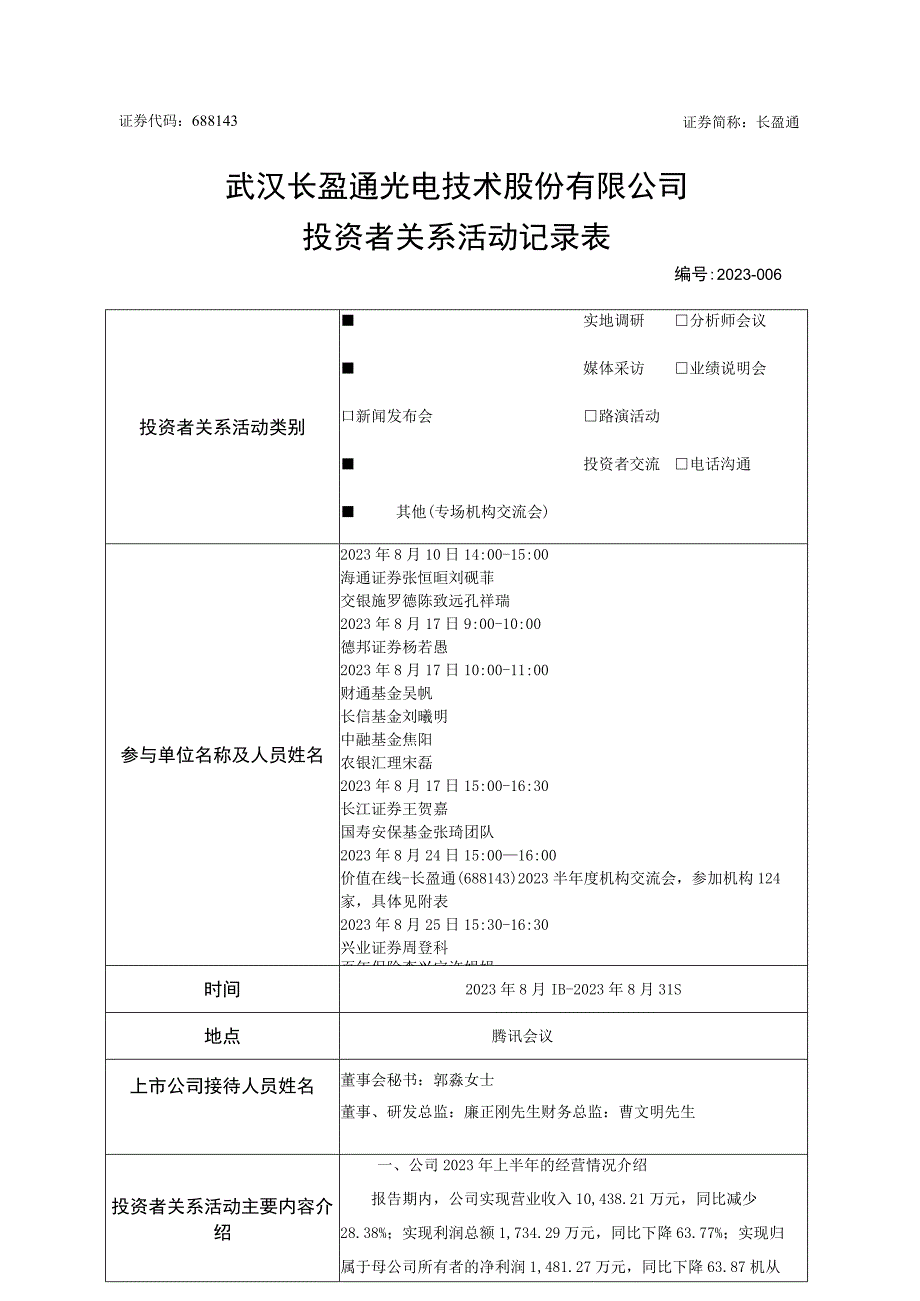 证券代码688143证券简称长盈通武汉长盈通光电技术股份有限公司投资者关系活动记录表.docx_第1页