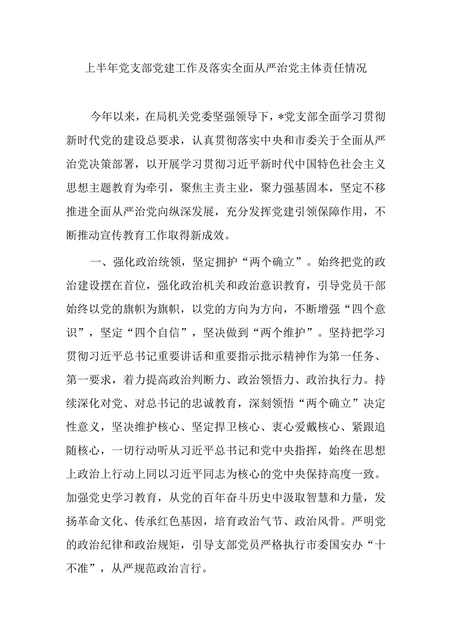 上半年党支部党建工作及落实全面从严治党主体责任情况.docx_第1页