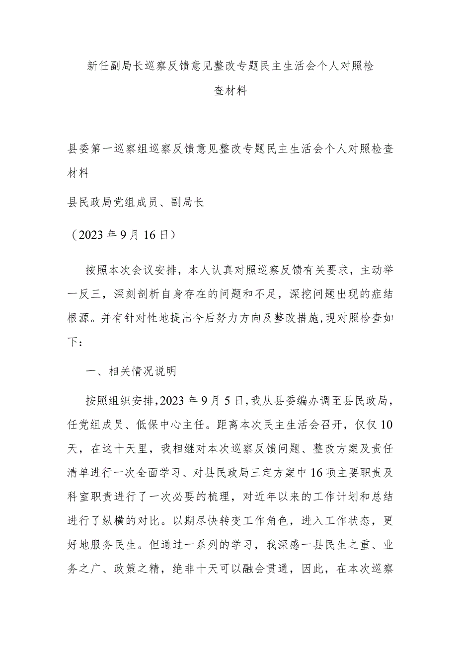 新任副局长巡察反馈意见整改专题民主生活会个人对照检查材料 .docx_第1页