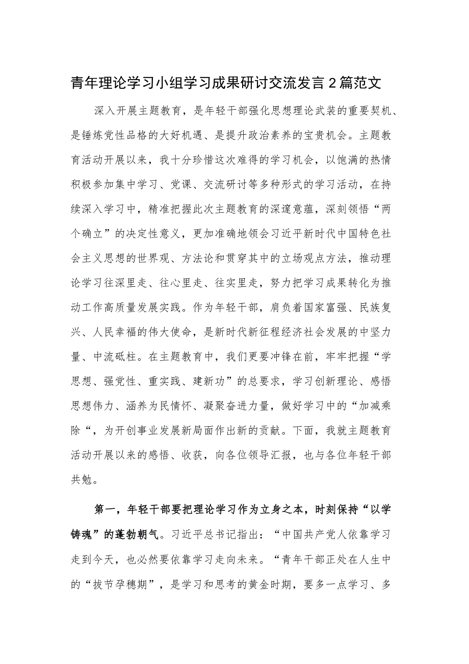 青年理论学习小组学习成果研讨交流发言2篇范文.docx_第1页