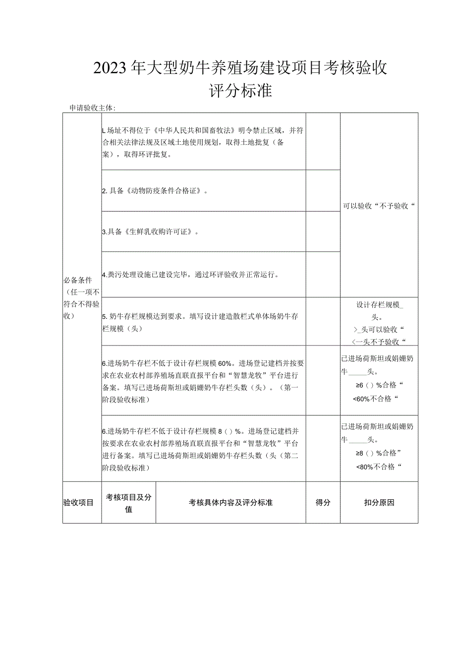 2023年大型奶牛养殖场建设项目考核验收评分标准.docx_第1页