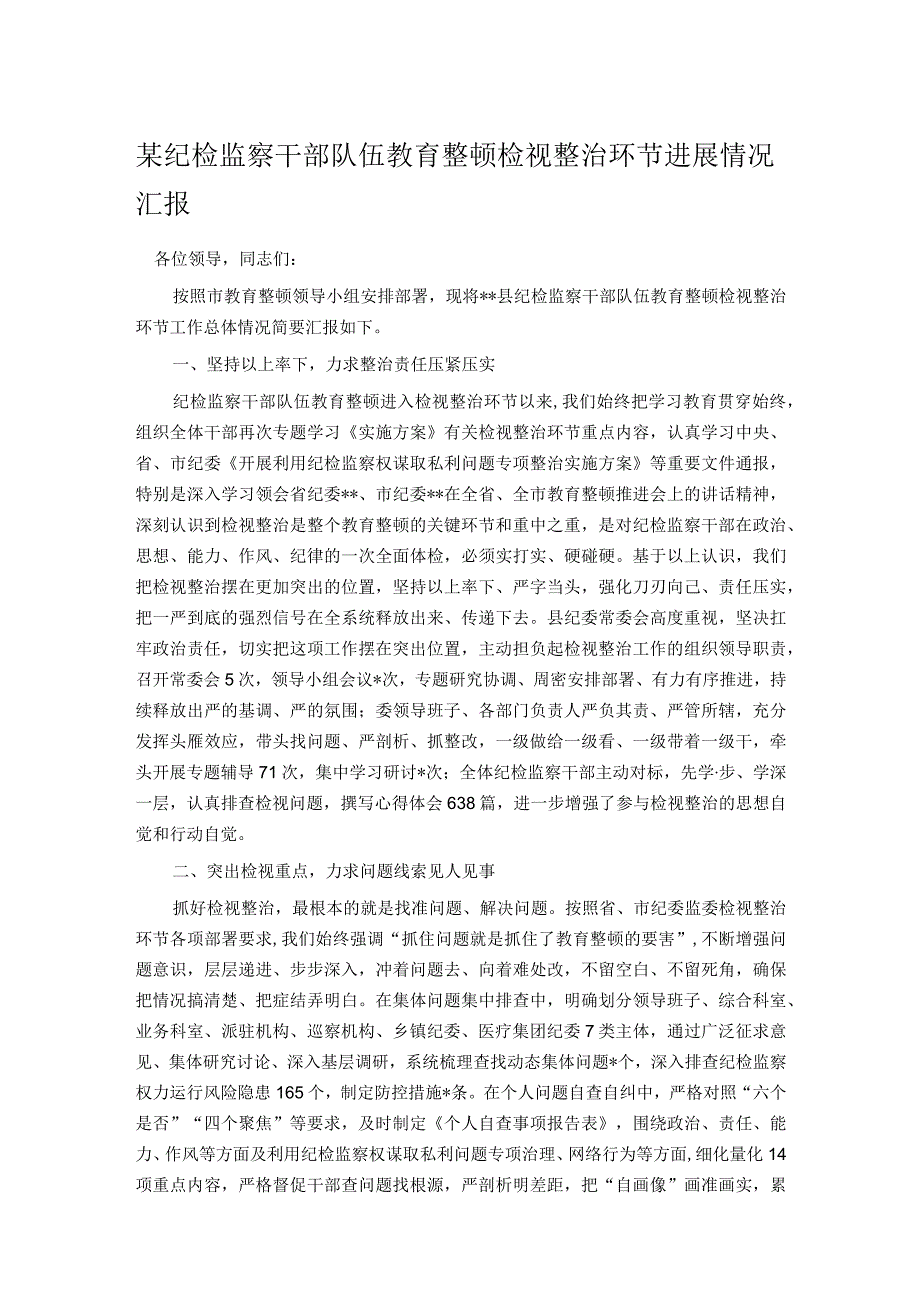 某纪检监察干部队伍教育整顿检视整治环节进展情况汇报.docx_第1页