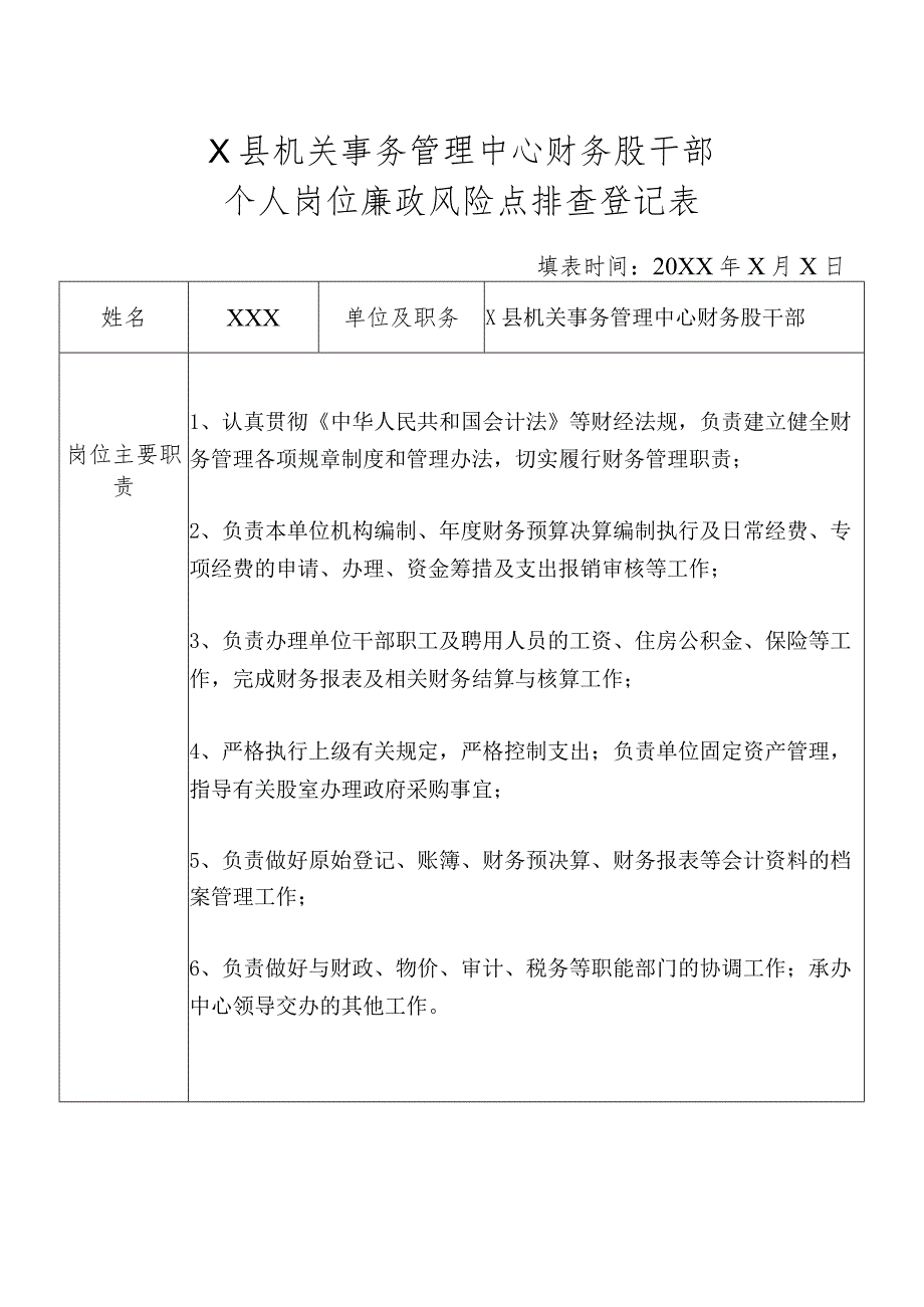 某县机关事务管理中心财务股干部个人岗位廉政风险点排查登记表.docx_第1页